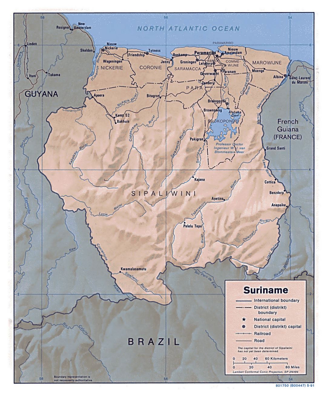 Large political and administrative map of Suriname with relief, roads and major cities - 1991