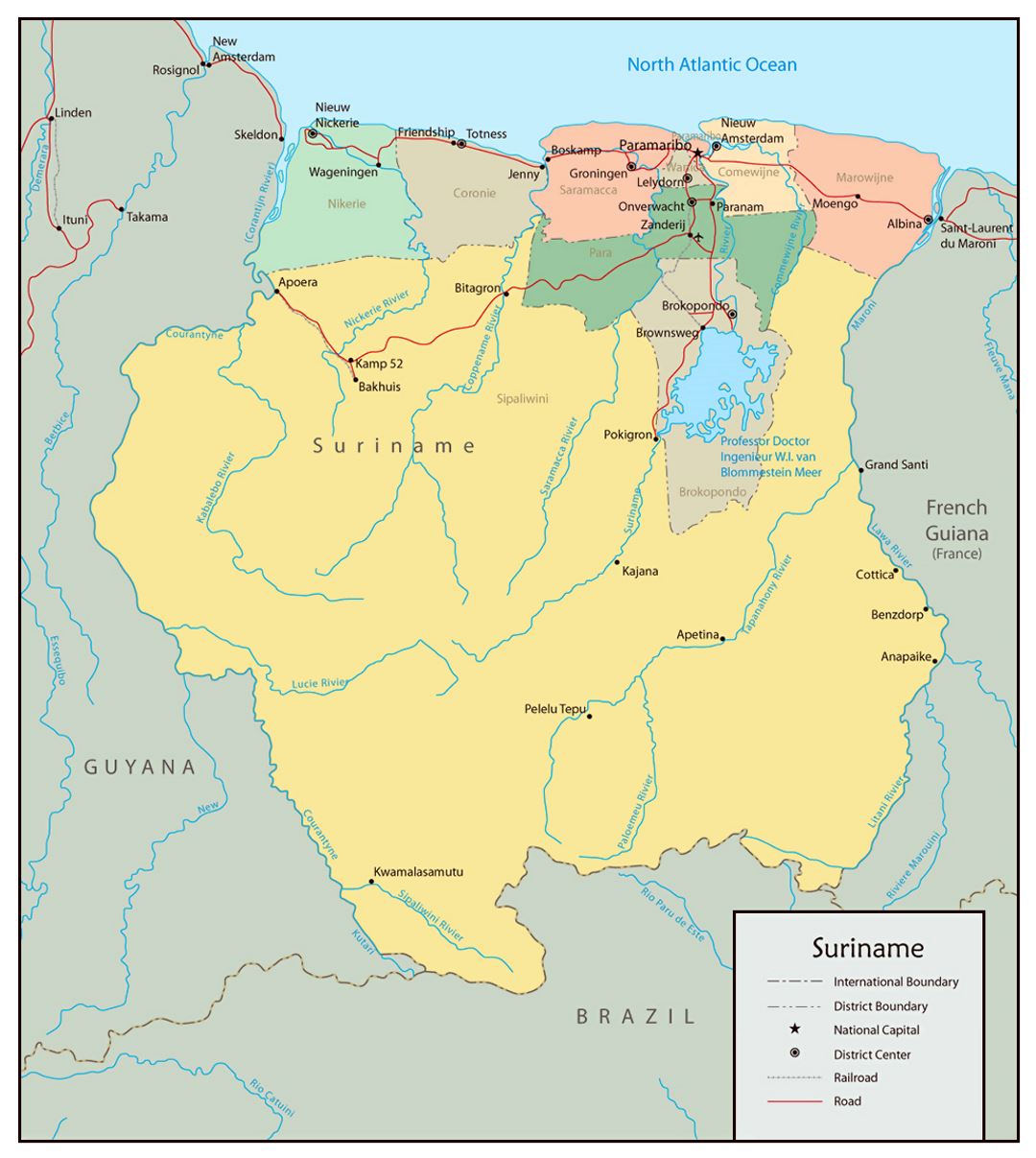 Large political and administrative map of Suriname with roads and cities