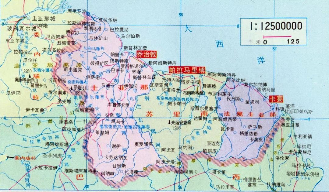 Large political map of Guyana, Suriname and French Guiana in chinese