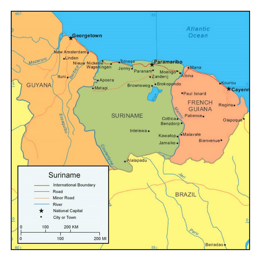 Political map of Suriname with cities and roads