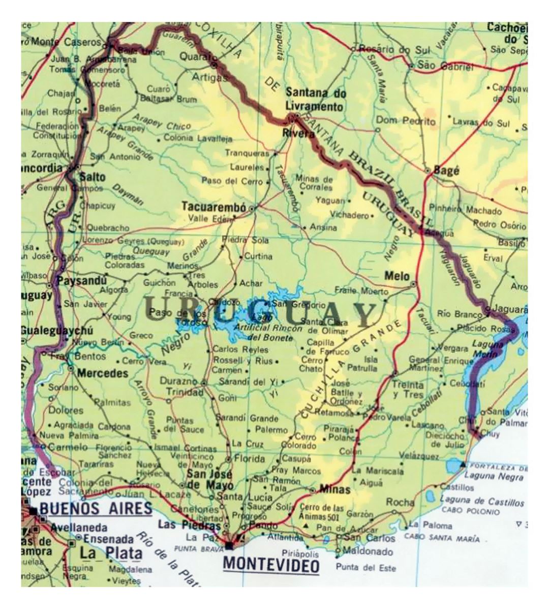 Detailed map of Uruguay with roads and cities
