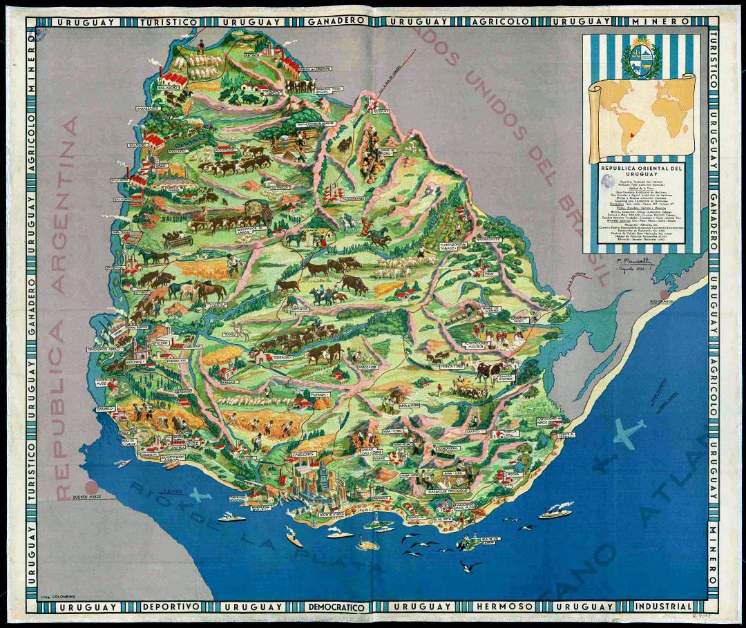 Large detailed old illustrated map of Uruguay