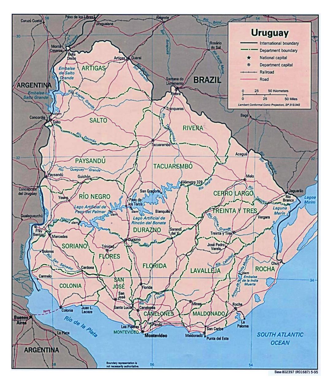 Large detailed political and administrative map of Uruguay with roads and cities - 1995