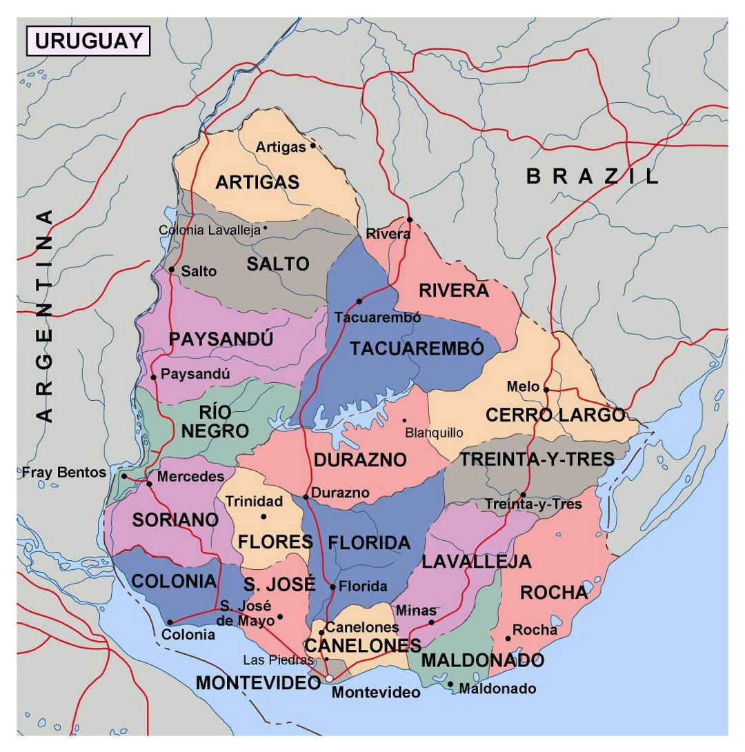 Large political and administrative map of Uruguay