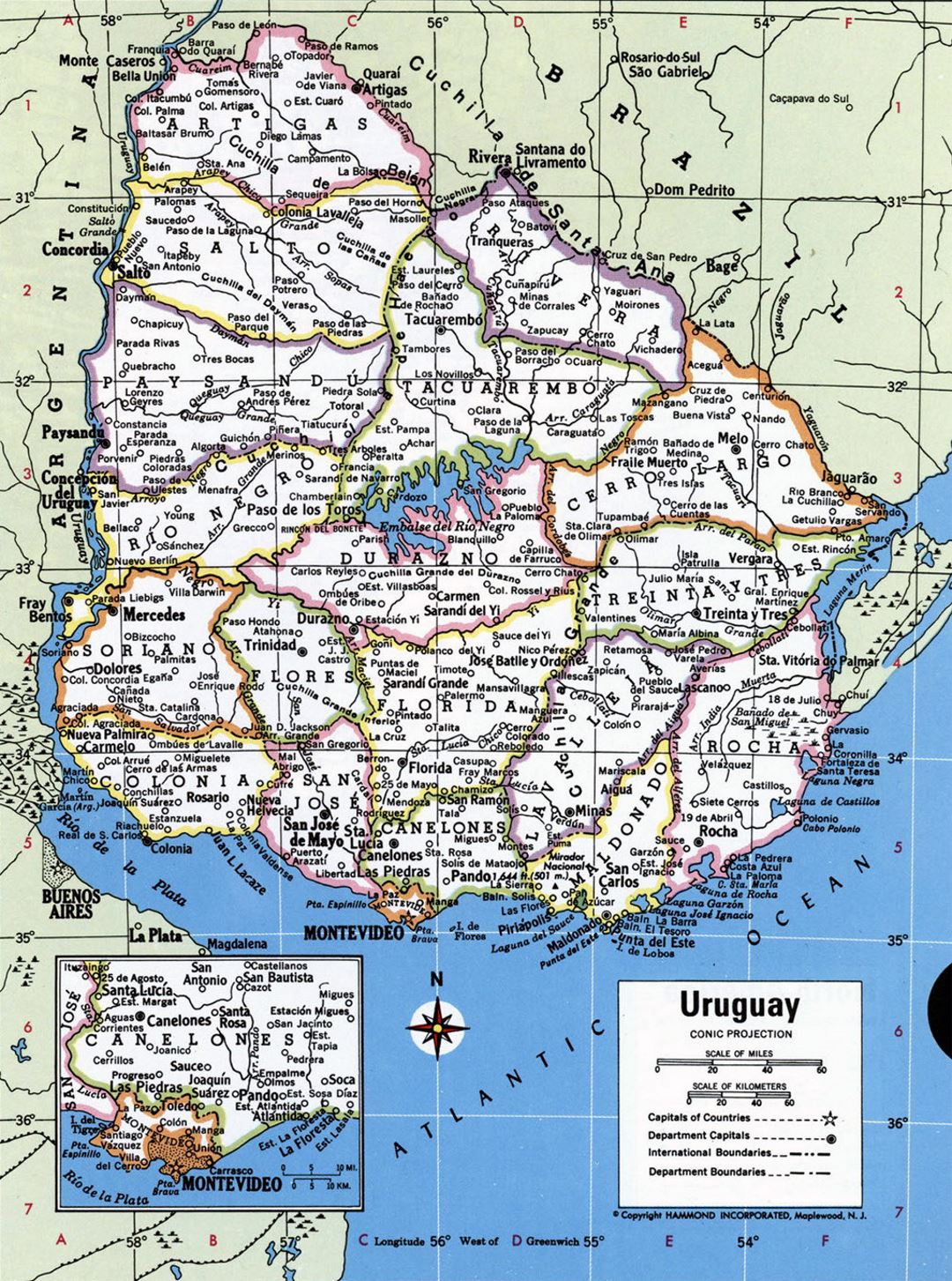 Large political and administrative map of Uruguay with all cities