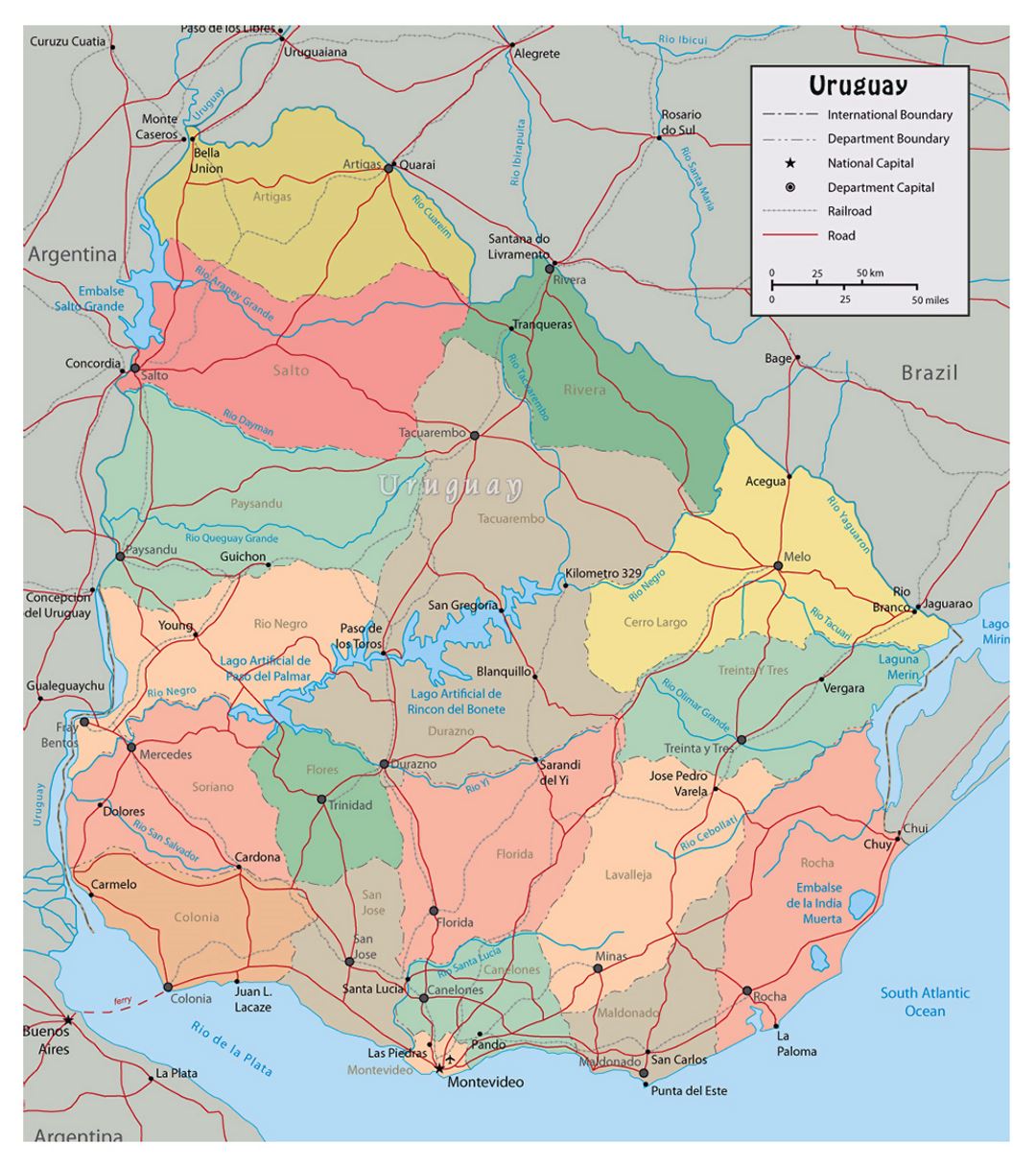 Large political and administrative map of Uruguay with roads and cities