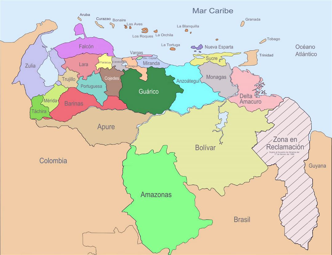 Large administrative divisions map of Venezuela