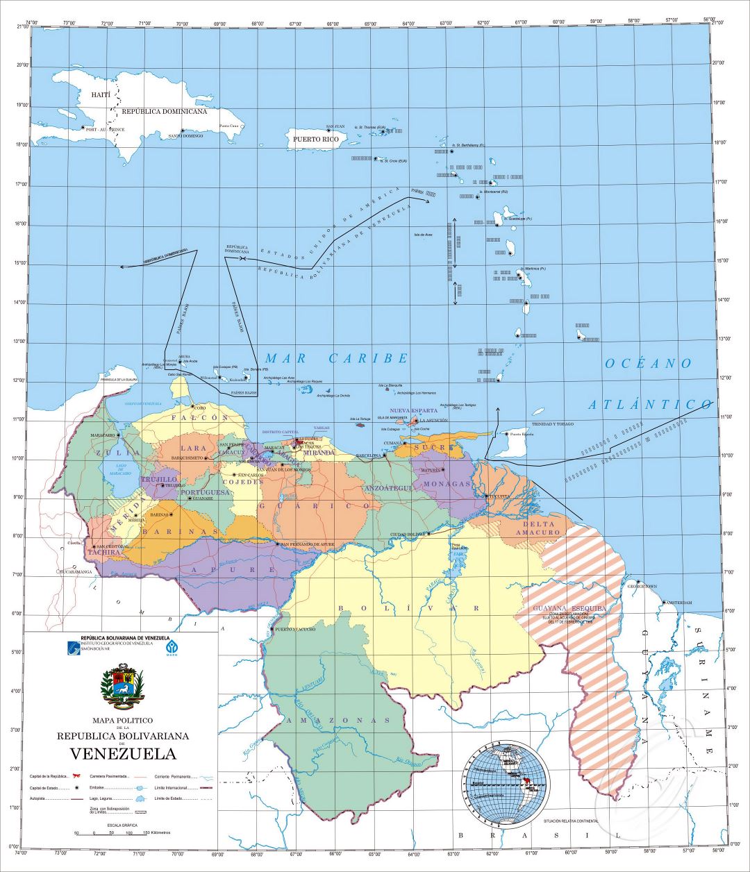Large detailed political map of Venezuela with administrative divisions
