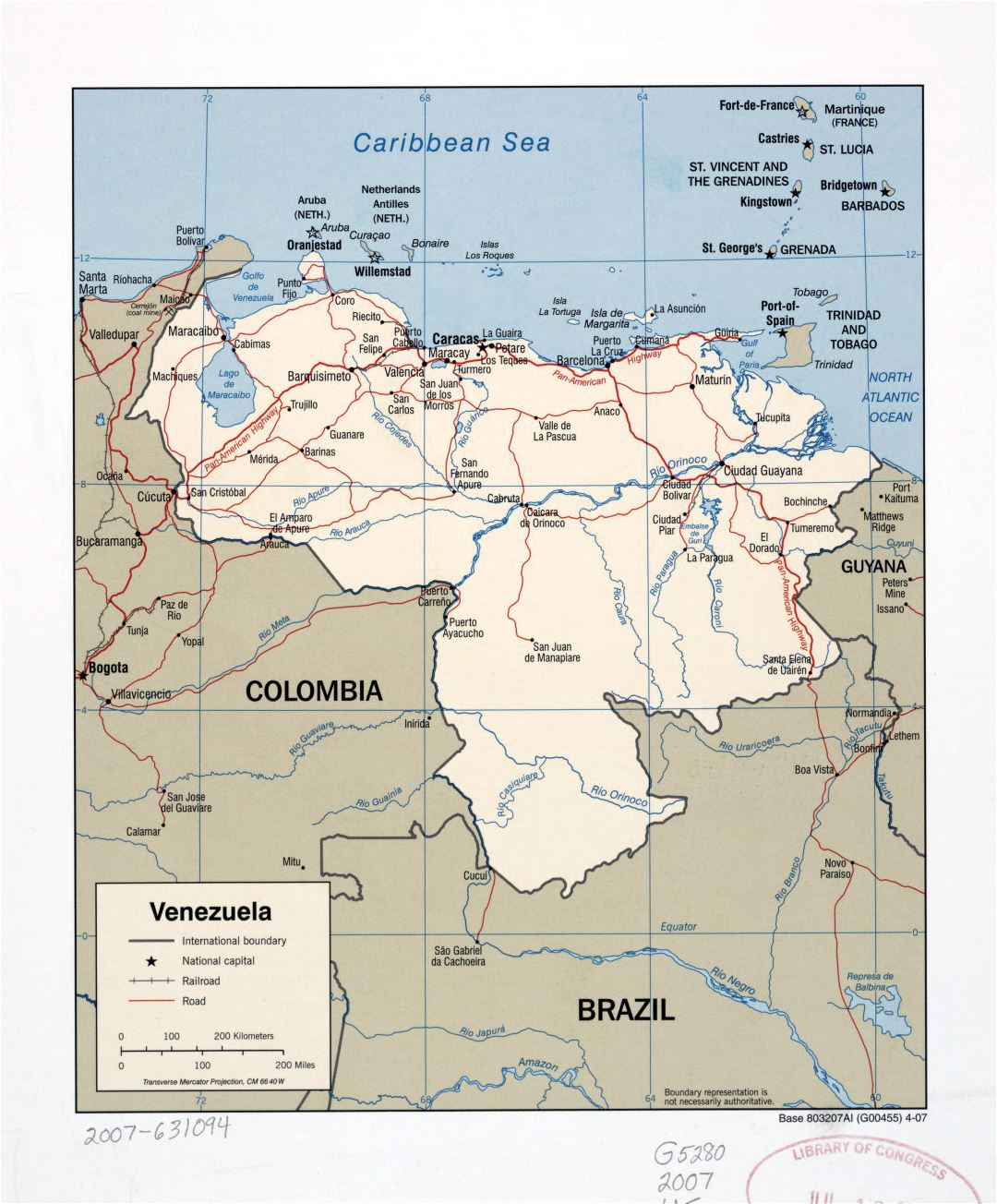 Large detailed political map of Venezuela with marks of roads, railroads and major cities - 2007