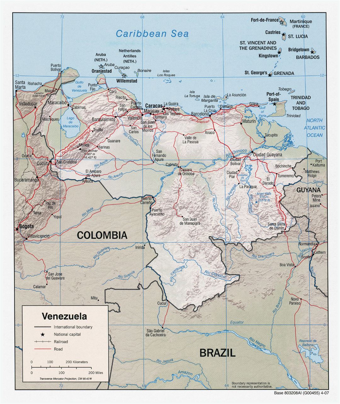 Large detailed political map of Venezuela with relief, roads and cities - 2007