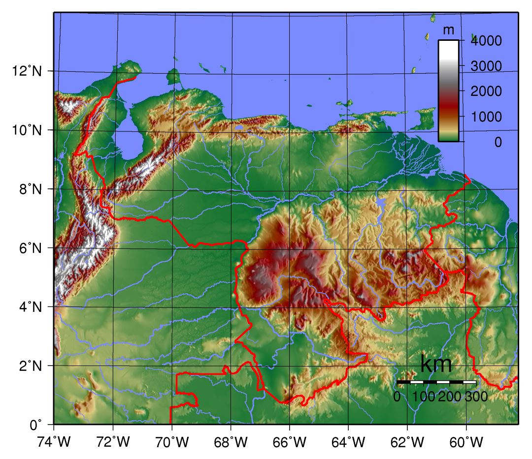 Large physical map of Venezuela
