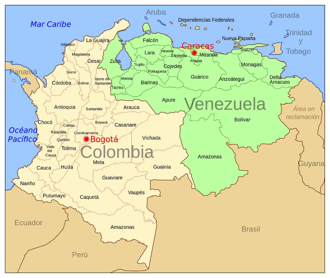 Large political and administrative map of Colombia and Venezuela with capitals