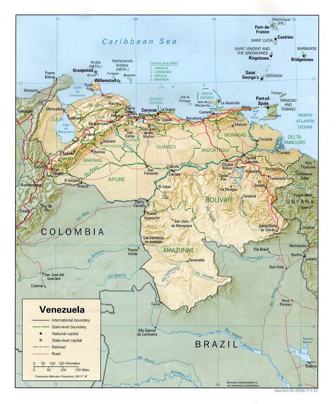 Large political and administrative map of Venezuela with relief, roads and cities - 1993