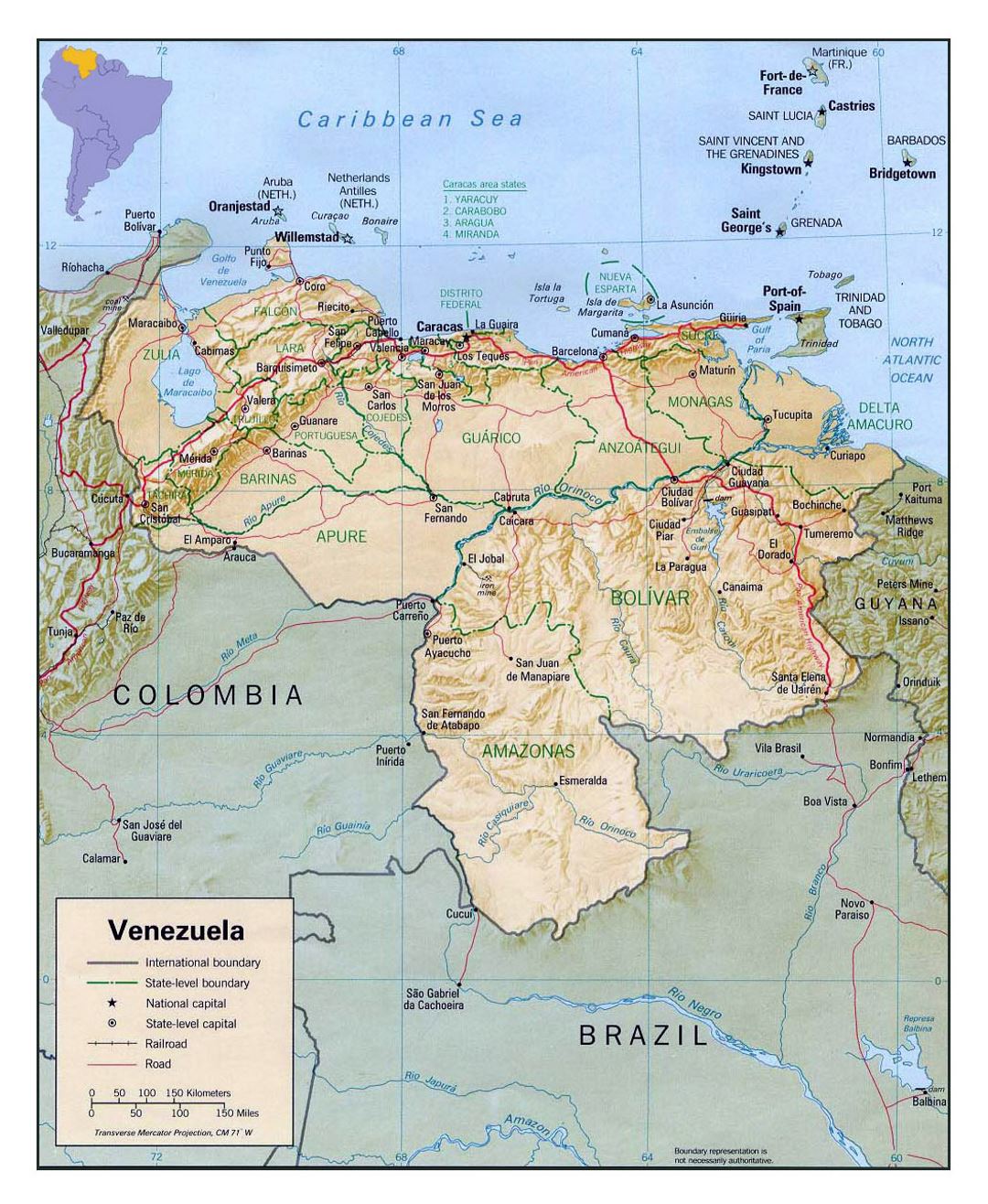 Large political and administrative map of Venezuela with relief, roads and cities