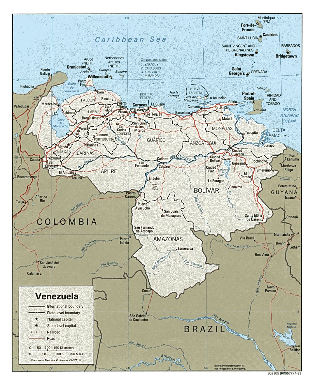 Large political and administrative map of Venezuela with roads and cities - 1993