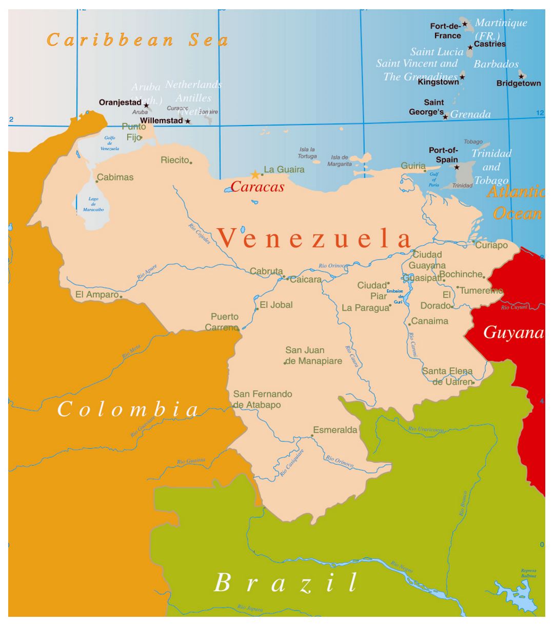 Large political map of Venezuela with major cities