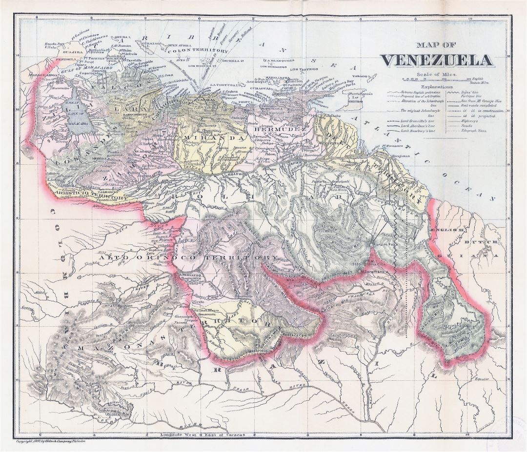 Large scale old political map of Venezuela with relief - 1900