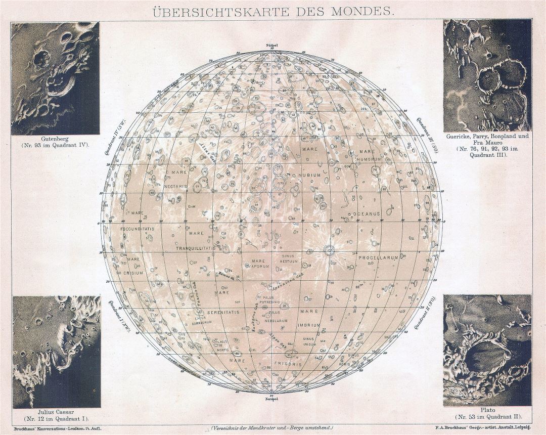 Large detailed old map of the Moon - 1898
