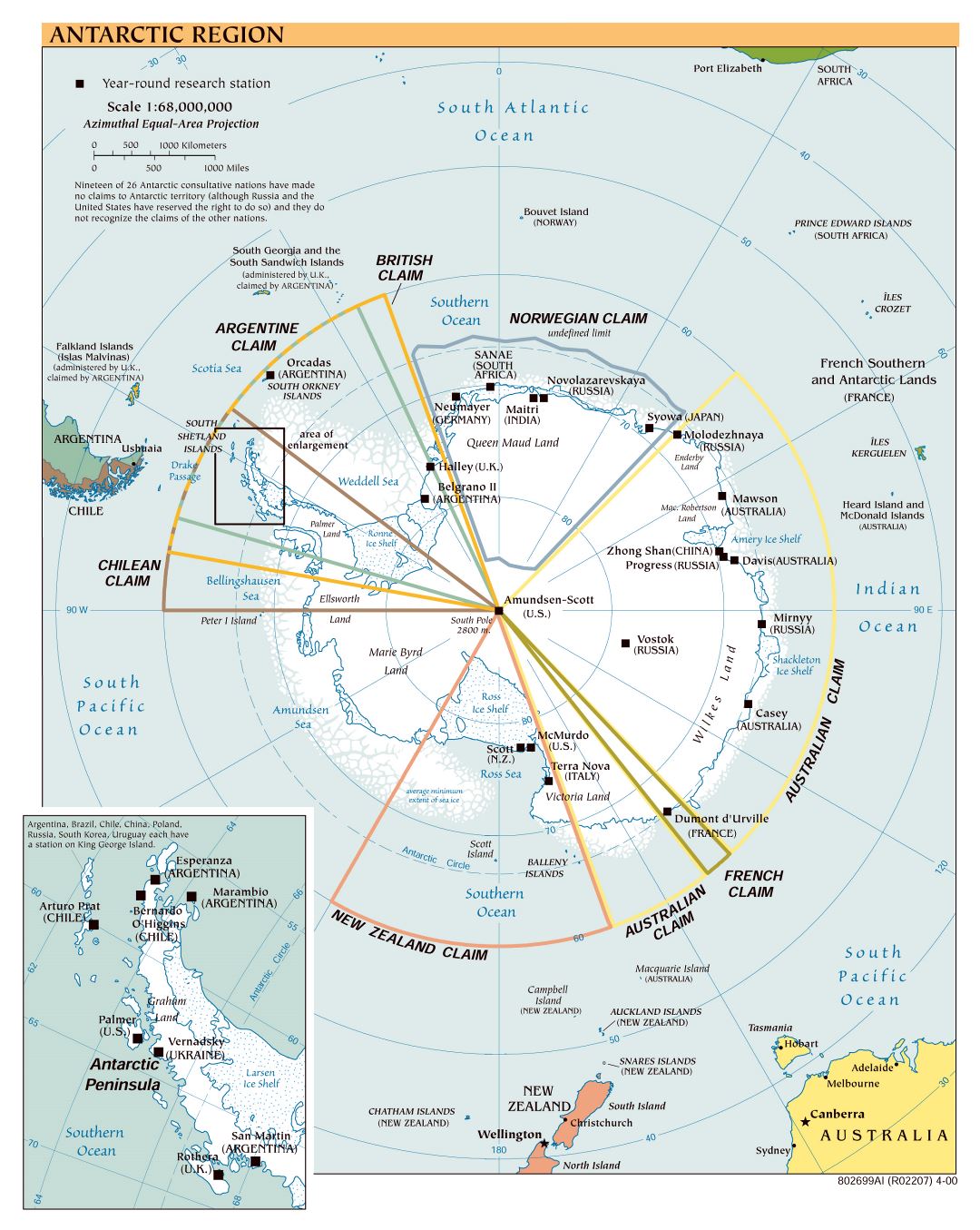 Large scale political map of Antarctic Region - 2000