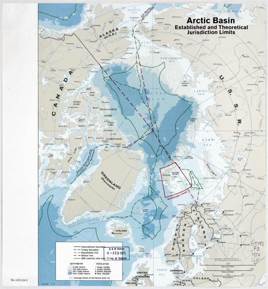 Large scale map of the Arctic Basin, established and theoretical jurisdiction limits - 1974
