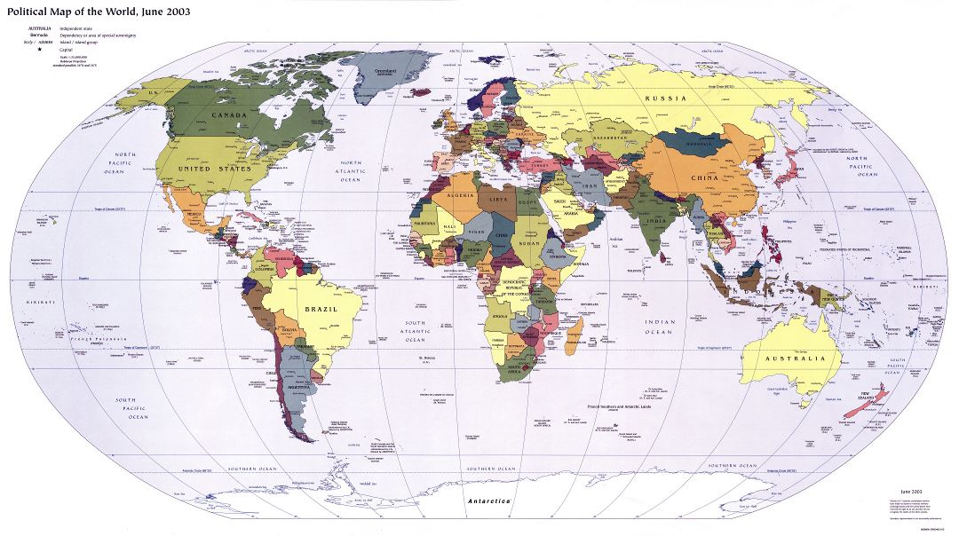 Large detailed political map of the World with capitals - 2003
