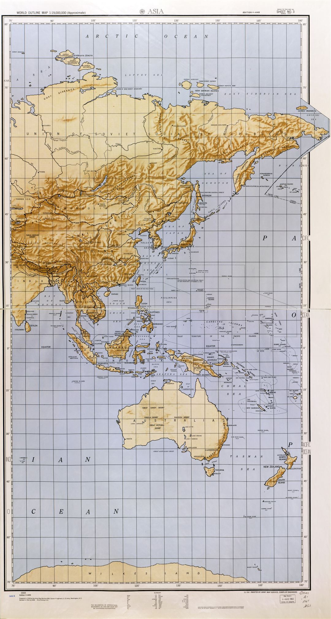 Large detailed World outline map with relief - part 3 (Asia) 1961-62