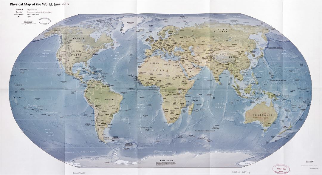 Large scale detailed physical and political map of the World with relief and capitals - 2009