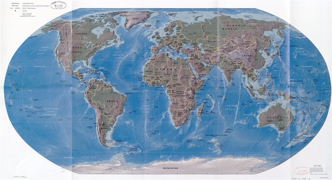 Large scale political map of the World with relief, major cities and capitals - 2006