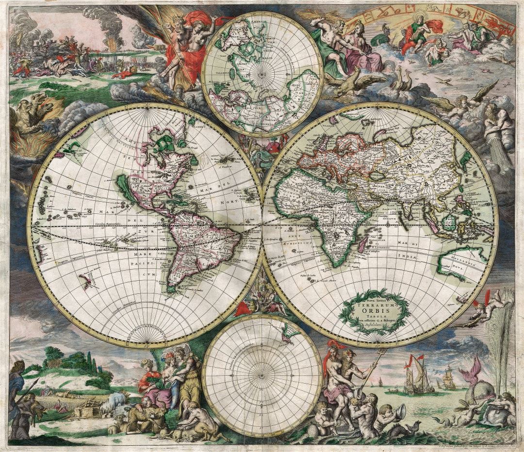 Large detailed antique political map of the World - 1689