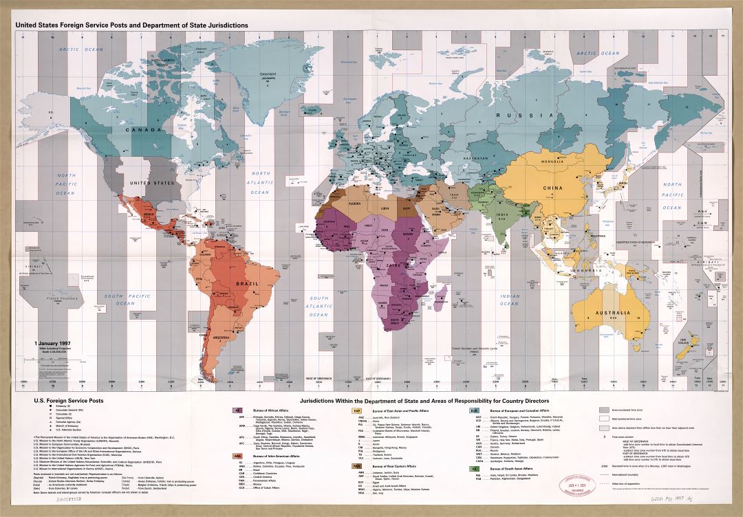 In high resolution detailed map of the United States foreign service posts and Department of State jurisdictions - 1996