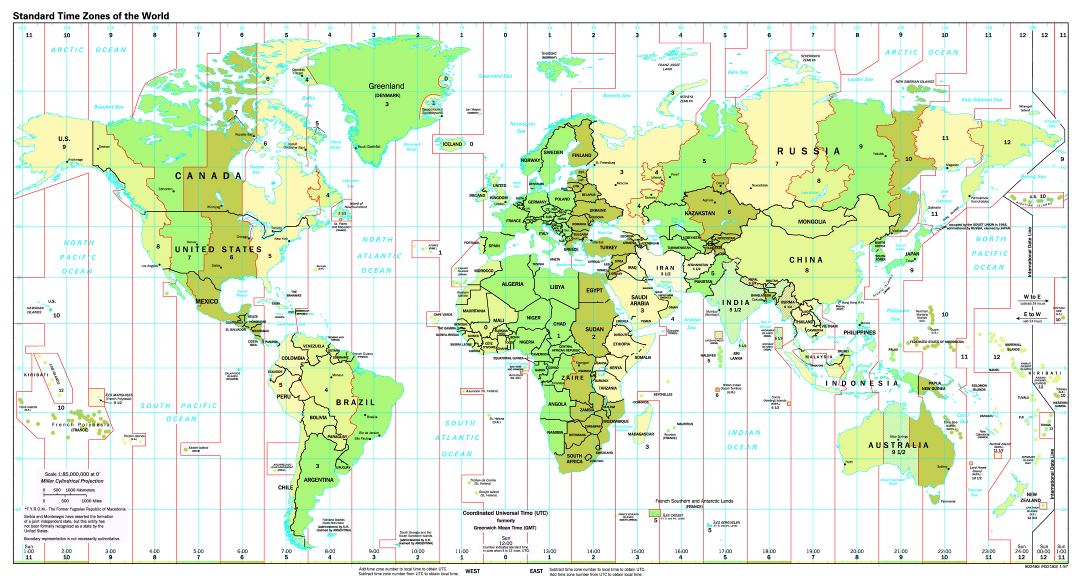 Large detailed map of Standart Time Zones of the World - 1997