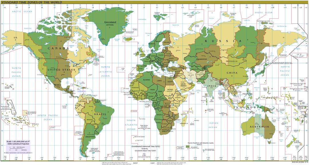 Large detailed Time Zones map of the World - 2012