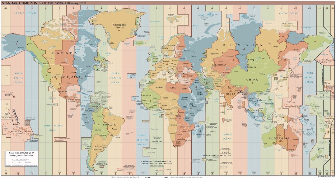 Large detailed Time Zones map of the World - 2015