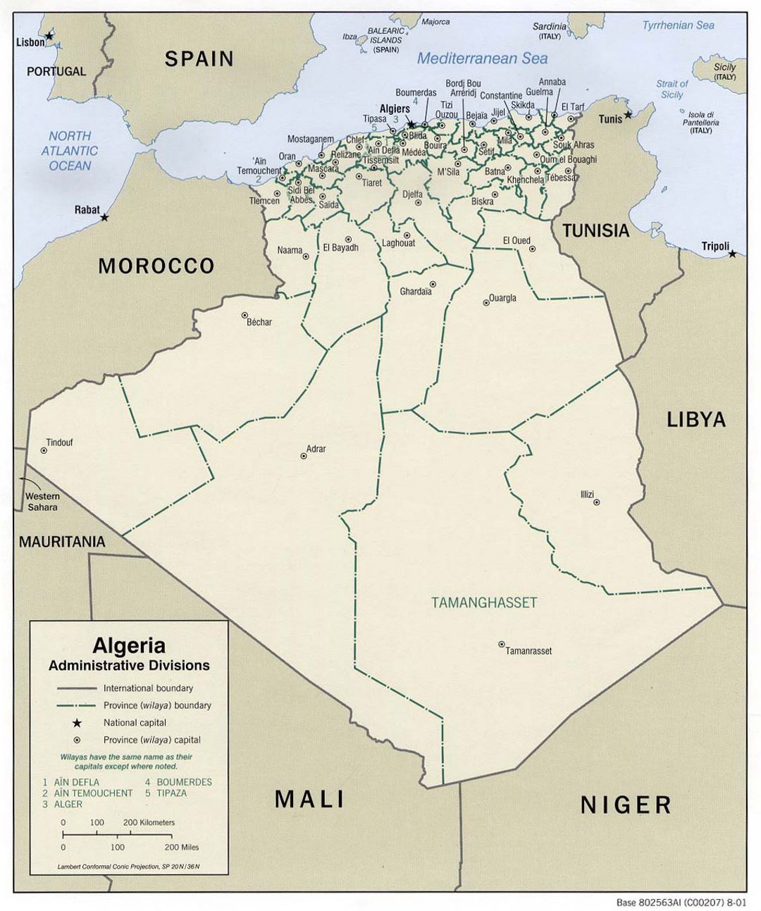 Detailed administrative divisions map of Algeria - 2001