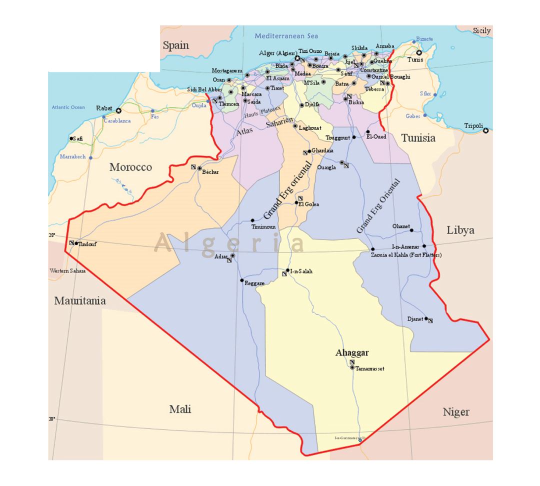 Detailed political and administrative map of Algeria with roads and major cities