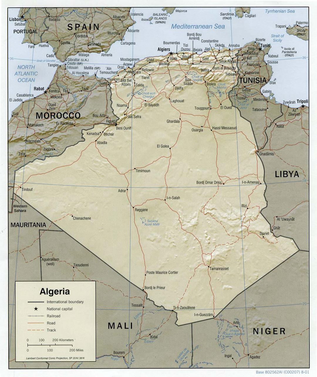 Detailed political map of Algeria with relief, roads, railroads and major cities - 2001