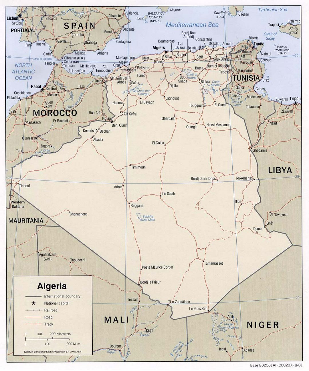 Detailed political map of Algeria with roads, railroads and major cities - 2001