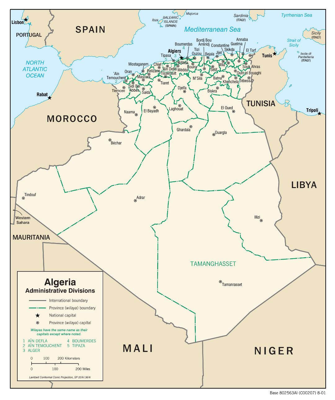 Large detailed administrative divisions map of Algeria - 2001