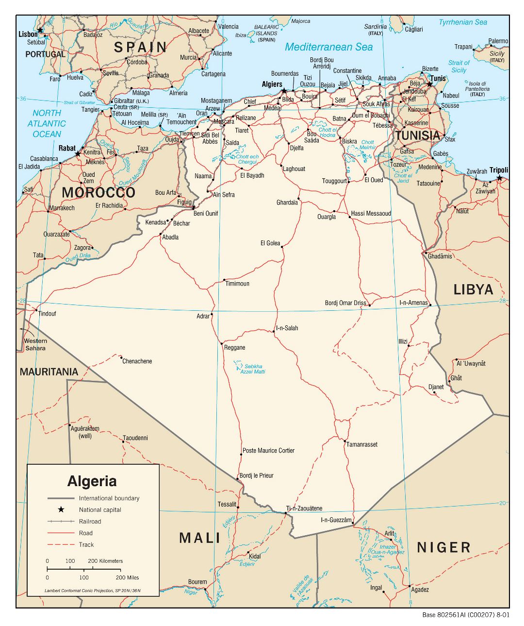 Large detailed political map of Algeria with roads, railroads and major cities - 2001