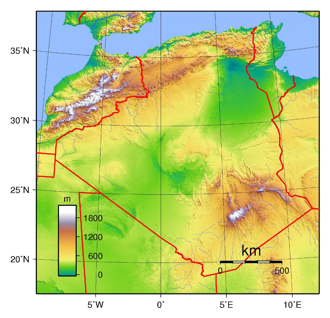 Large physical map of Algeria