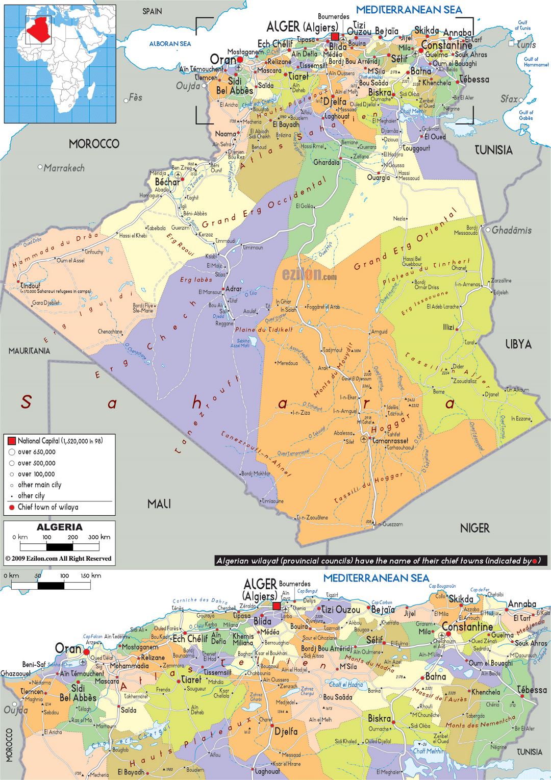 Large political and administrative map of Algeria with roads, cities and airports