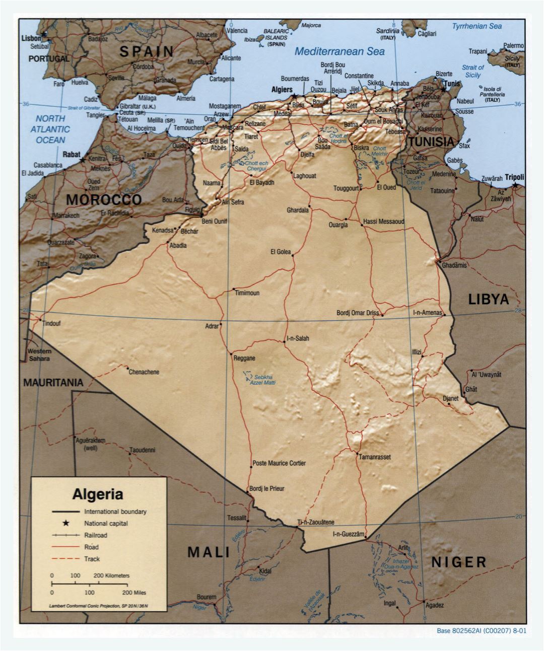 Large scale political map of Algeria with relief, roads, railroads and major cities - 2001