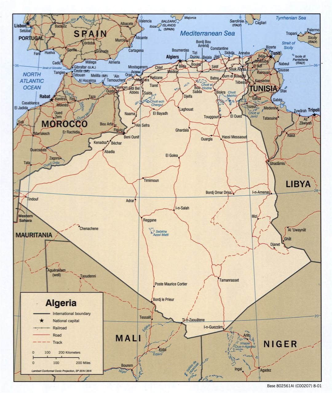 Large scale political map of Algeria with roads, railroads and major cities - 2001