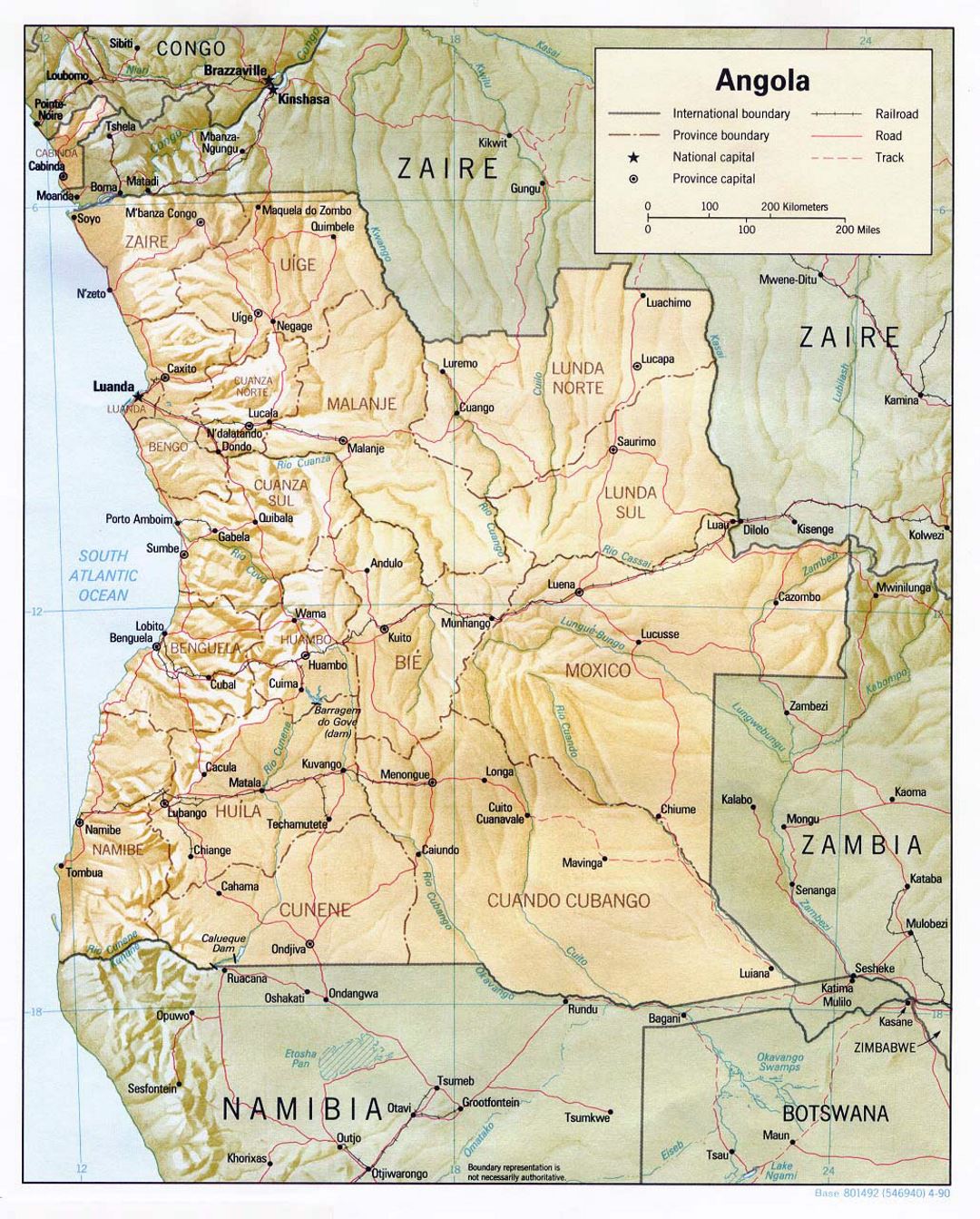 Detailed political and administrative map of Angola with relief, roads, railroads and major cities - 1990