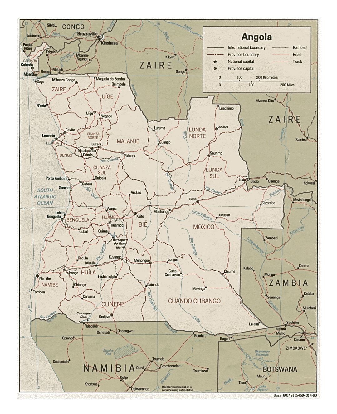 Detailed political and administrative map of Angola with roads, railroads and major cities - 1990