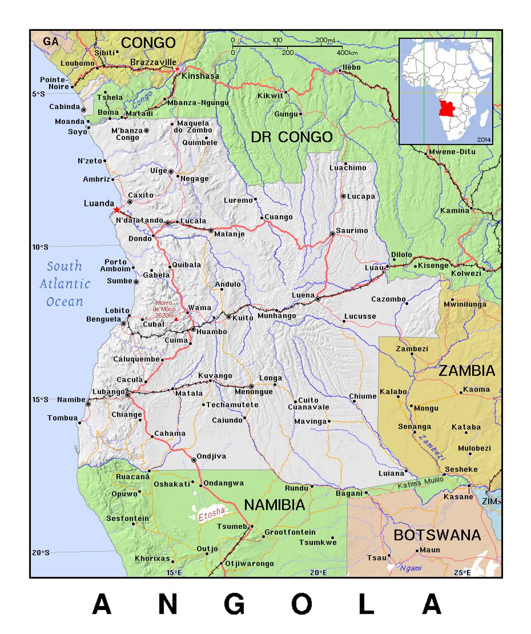 Detailed Political Map Of Angola With Relief Small 