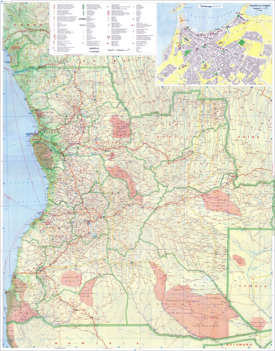 Large detailed map of Angola with relief, roads, cities, airports, sea ports and other marks