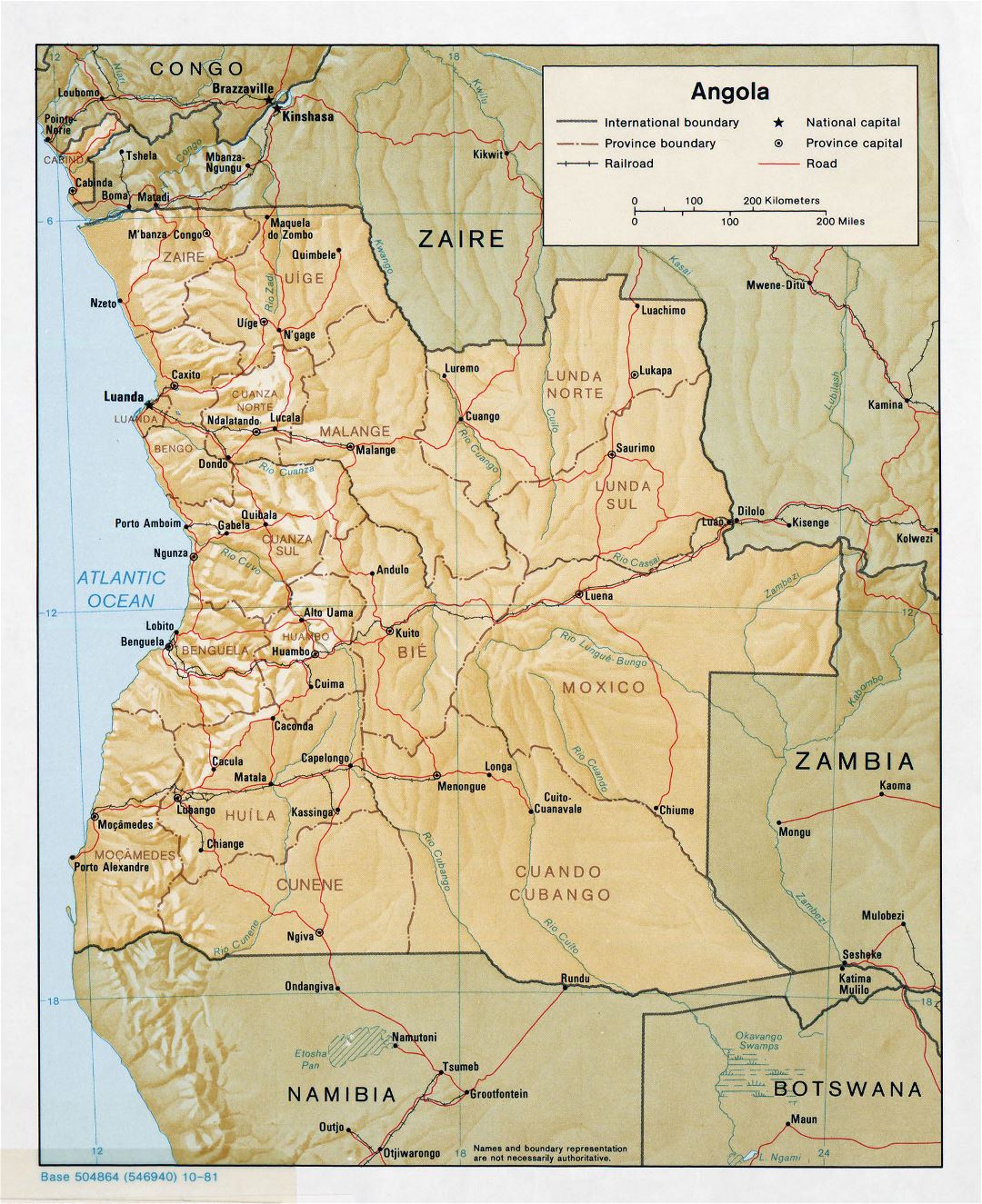 Large detailed political and administrative map of Angola with relief, roads, railroads and major cities - 1981