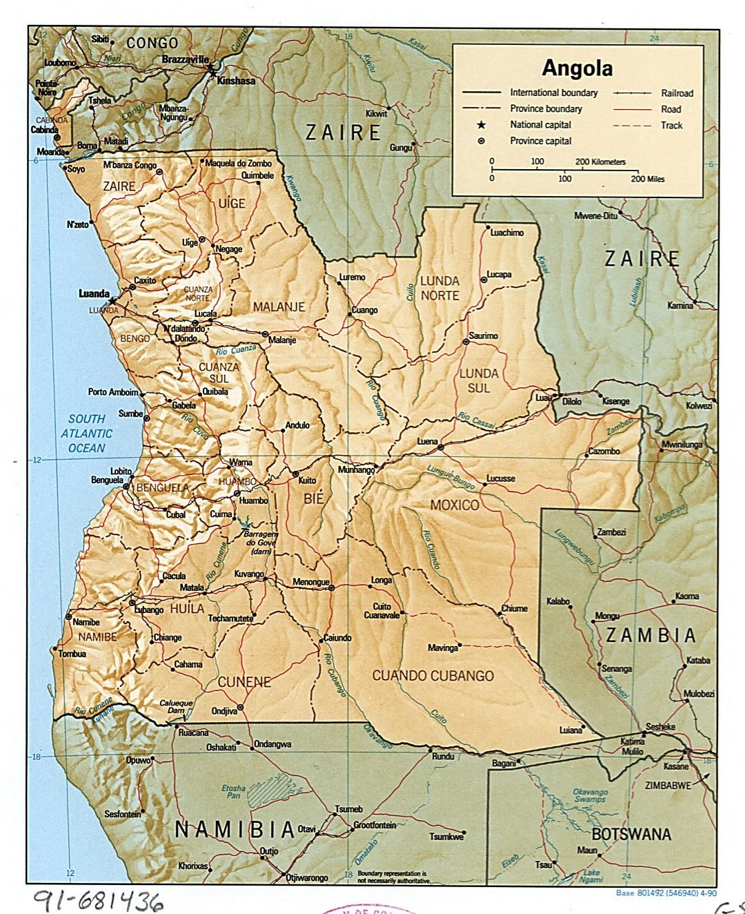 Large detailed political and administrative map of Angola with relief, roads, railroads and major cities - 1990