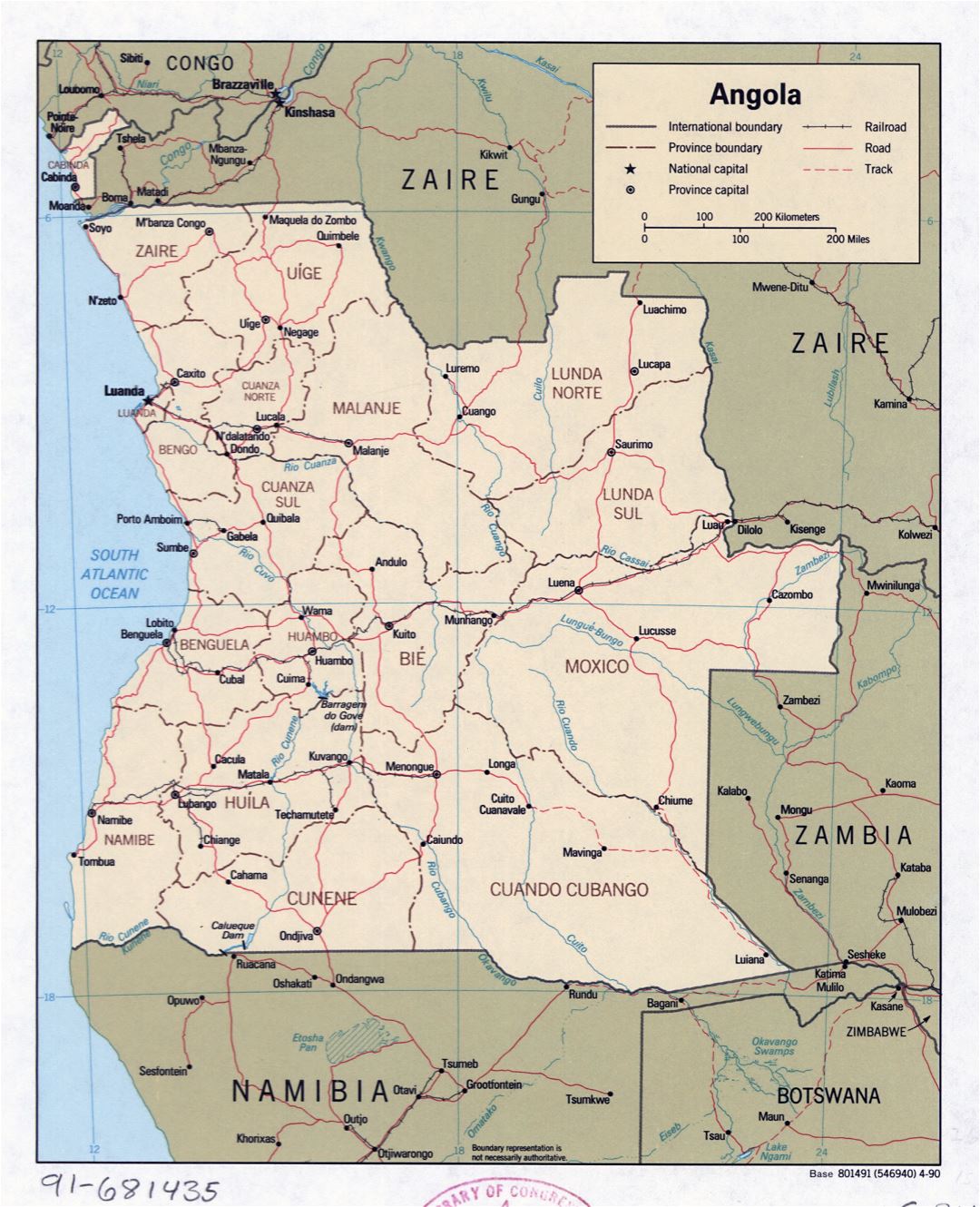 Large detailed political and administrative map of Angola with roads, railroads and major cities - 1990